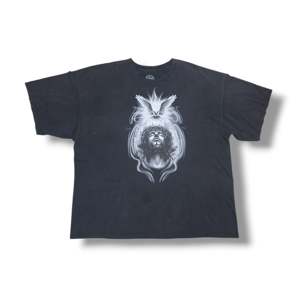 DOM ODM Short Sleeve Crew Neck Jesus‎ Christ Doves Faded Black T-Shirt Men's 3XL